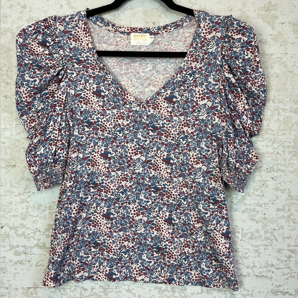 Nation LTD Celine Puff Sleeve Top Cherry Blossom Large Floral Pima Cottagecore